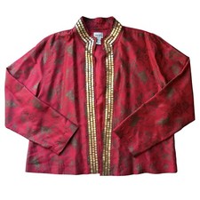 Chicos 100% Silk Jacket Top Womens Size 3 US XL Red Gold Sequins Open Front EUC