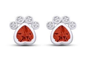 Authentic Paw Print Pet Love Heart Stud Earrings Sterling Silver Simulated Garnet Gemstone