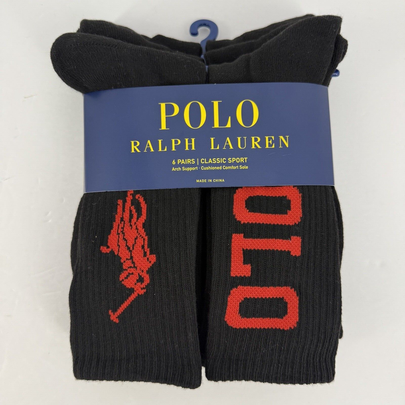 Nuove calze Polo Ralph Lauren Classic Sport Crew ammortizzate nere rosse pony 6 paia