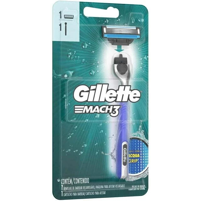 Gilette Mach 3 Razor for Men with Aqua Grip, 2 Razor Handle + 2 Blade Refill
