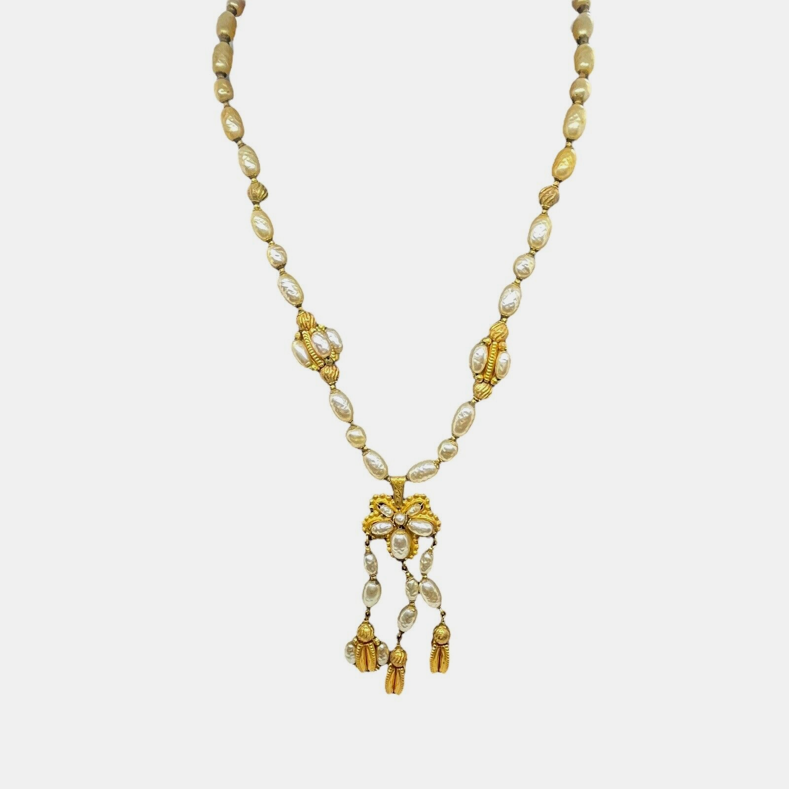 Miriam Haskell Necklace Signed Baroque Pearl Floral Medallion Pendant Gold Tone