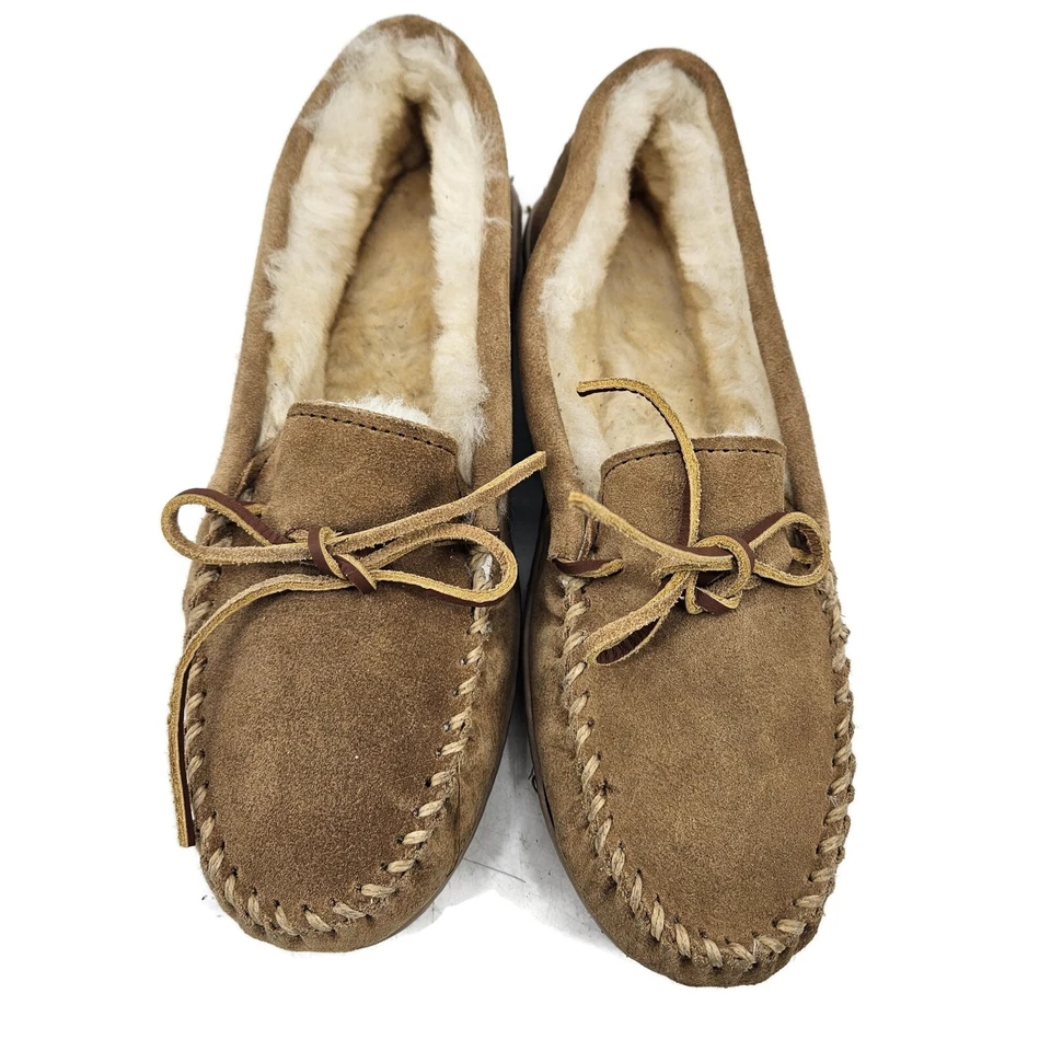 Nuevos mocasines Minnetonka de piel de oveja con suela dura para mujer 9 pantuflas doradas tostadas 3341 Foto 2 de 4