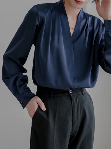 Sommer Damen OL Shirts Langarmshirt Seide V-Ausschnitt französisches Design Blusen Oberteil - Bild 7 von 16