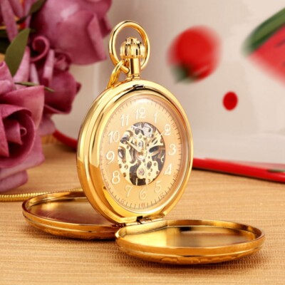 Pure Copper Golden Engraved Mechanical Pocket Watch with Snake Chain Fob Watches