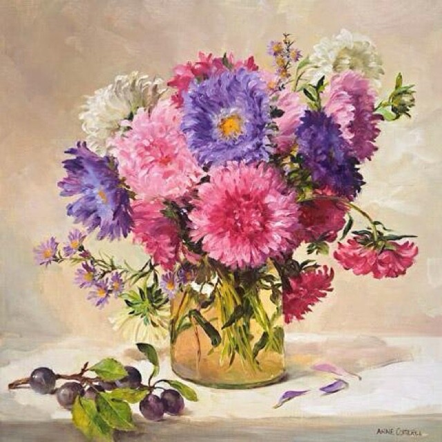 Anne Cotterill  Art Blank Greeting/ Birthday Card - Asters Flowers Still Life