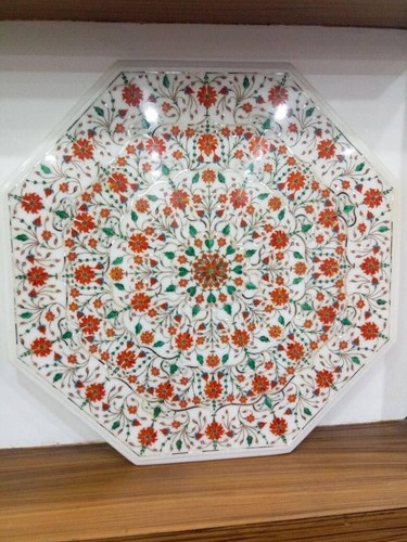12 " Marbre Blanc Coin Table Top Marqueterie Floral Incrustation Art