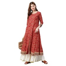 Yash Gallery Women's Plus Size Womens Cotton Bandhej Print Anarkali kurta Red 