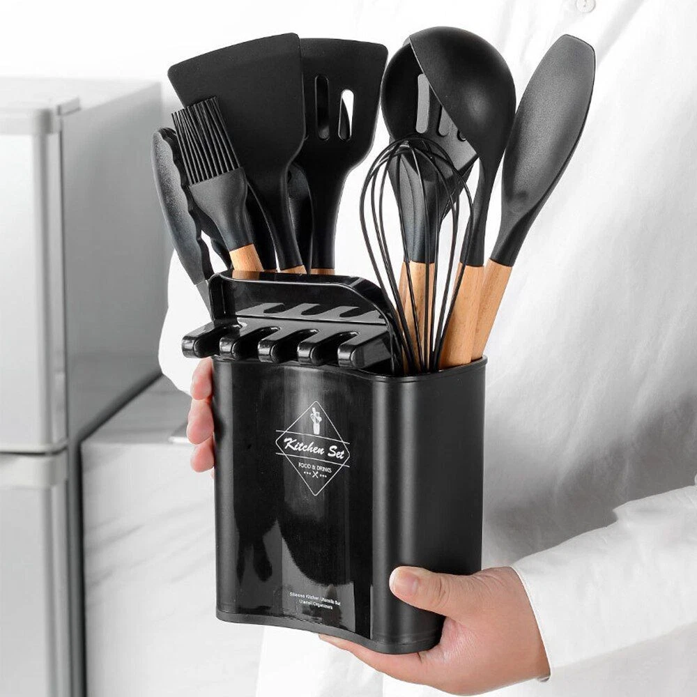 Wooden Handles Non-Stick Spatulas Black Silicone Rubber Cooking Utensils Shovels