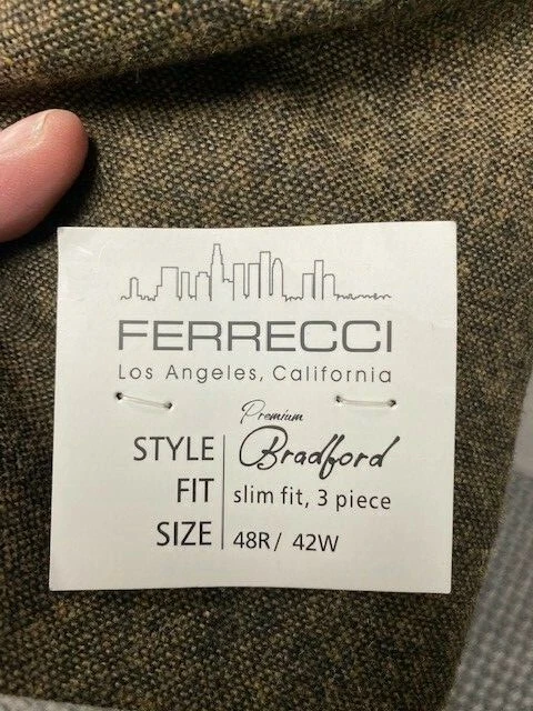 40R Ferrecci Men's Cognac Tweed Suit w/ Pants & Vest Slim Fit  Prom, Wedding  - Image 4 of 4