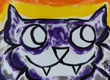 Black Cat Painting Halloween Bat Sunset Sky Folk Art By Samantha McLean