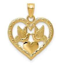 14K Yellow Gold Polished Doves in Heart Pendant Charm Made in USA