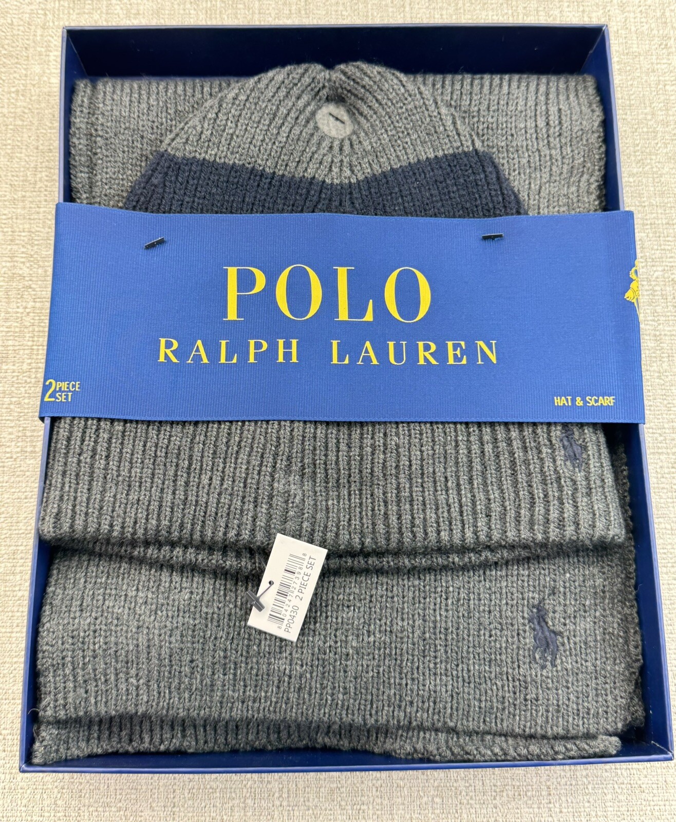 Polo Ralph Lauren uomo set 2 pezzi cappello e sciarpa in grigio e blu pony set regalo nuovo con etichette