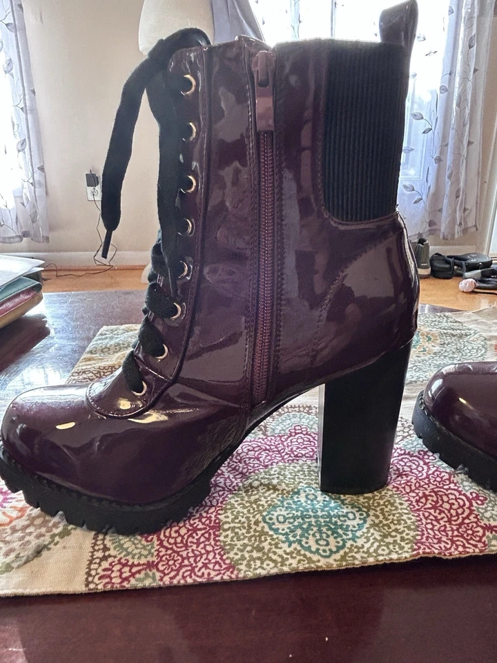 Top Moda Botas de Combate Salto Alto Chunky Zíper Lug Plataforma Vinho Couro Patente - Imagem 2 de 4