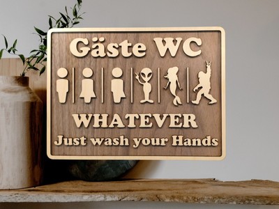 Gäste WC Schild aus Holz   Lustiges Toiletten-Schild   WhatEver   Just wash your