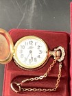 Vintage Westclox Train Pocket Watch Gold Tone Engraved Locomotive w/ Box Chains — photo 3