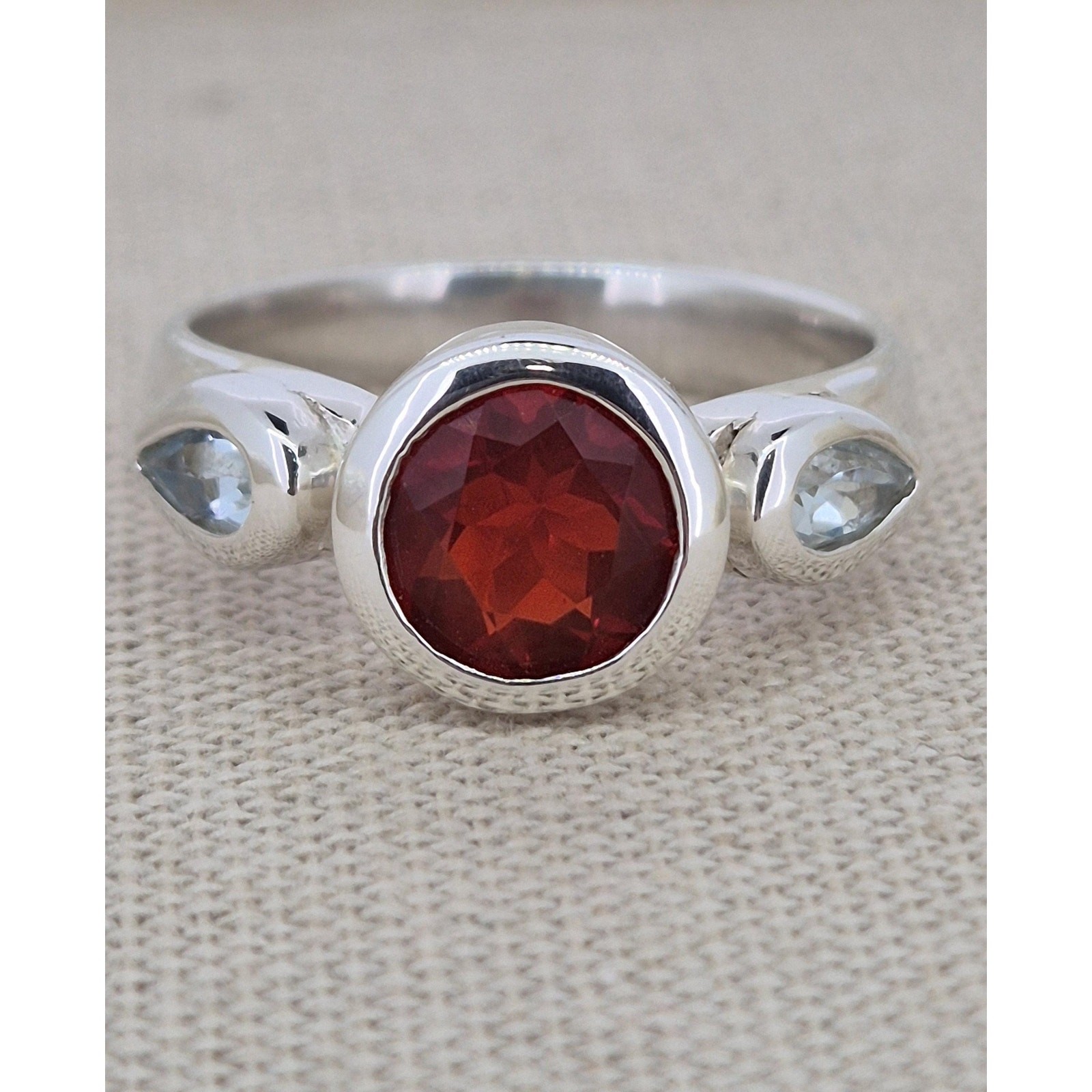 Mexican Fire Opal & Aquamarine Silver Statement Ring Size R
