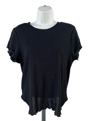 Splendid Women's Black Pointelle Lettuce Hem Short Sleeve Shirt - XL