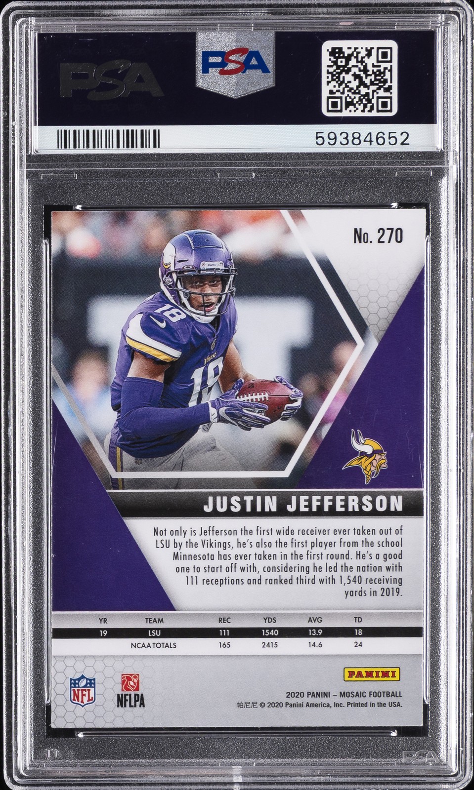 2020 PANINI MOSAIC #270 JUSTIN JEFFERSON ROOKIE RC PSA 9 view 2