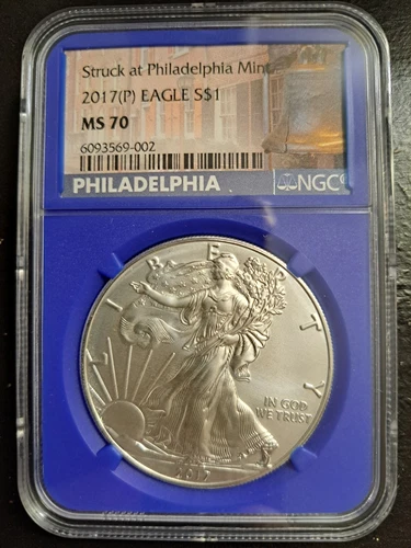 2017(P) AMERICAN SILVER EAGLE NGC MS70 STRUCK AT PHILADELPHIA BLUE CORE 