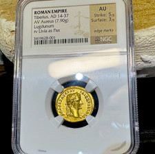 NGC AU! ROMAN EMPIRE "TIBERIUS- 3RD OF 12 CAESARS" 14AD AUREUS ANCIENT GOLD COIN
