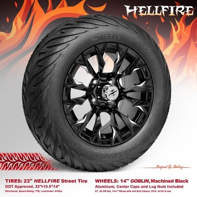 GOLF CART 14'' BLACK GOBLIN WHEELS and 23''x10''-14'' 'HELLFIRE' DOT STREET TIRES x4