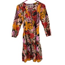 LOFT ANN TAYLOR Dress Size Small Palm Henley Flounce Shirtdress Tropical Floral 
