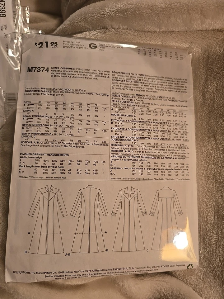 Plumero/abrigo largo McCall's 7374 Yaya Han Matrix (3 estilos) para hombre 38-44 sin cortar Foto 2 de 2