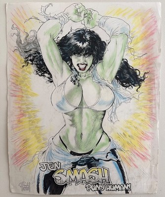 Budd Root Original She-Hulk Art   Hand Signed 18x24   Jen SMASH Puny Human! 