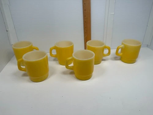 6 Anchor Hocking Fire King Stackable Coffee Mugs Yellow/USA Vintage D Handle