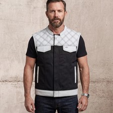 Men Leather Club Vest Diamond Quilted Men Biker Motorcycle Rider Denim Waistcoat