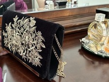 Black Gold Beaded Floral Velvet Clutch Bag Evening Purse Handbag