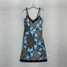 Y2K Vintage Slip Dress Medium Blue Rose Cheetah Leopard Slinky Stretch