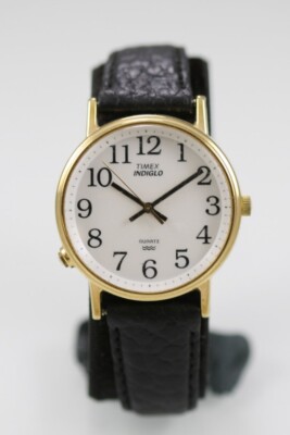 Timex Indiglo Herren Uhr Edelstahl Gold WR Schwarzes Leder Batterie Weiß Quarz