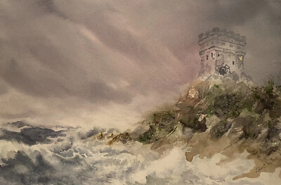LINN C  2002 SEASCAPE CLIFFS STUDY IMPRESSIONIST WATERCOLOR PAINTING