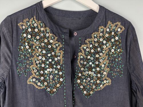 Antik Batik Beaded Alice Djellabah Chambray Shirt Dress Sz 40 M 8 Bohemian Artsy - Picture 2 of 15