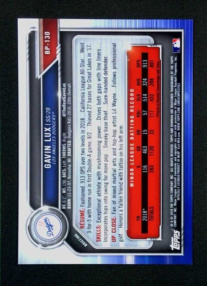 2019 Bowman Prospect #BP-130 Gavin Lux RC Purple Parallel SP #/250 - LA Dodgers - Image 2 of 3