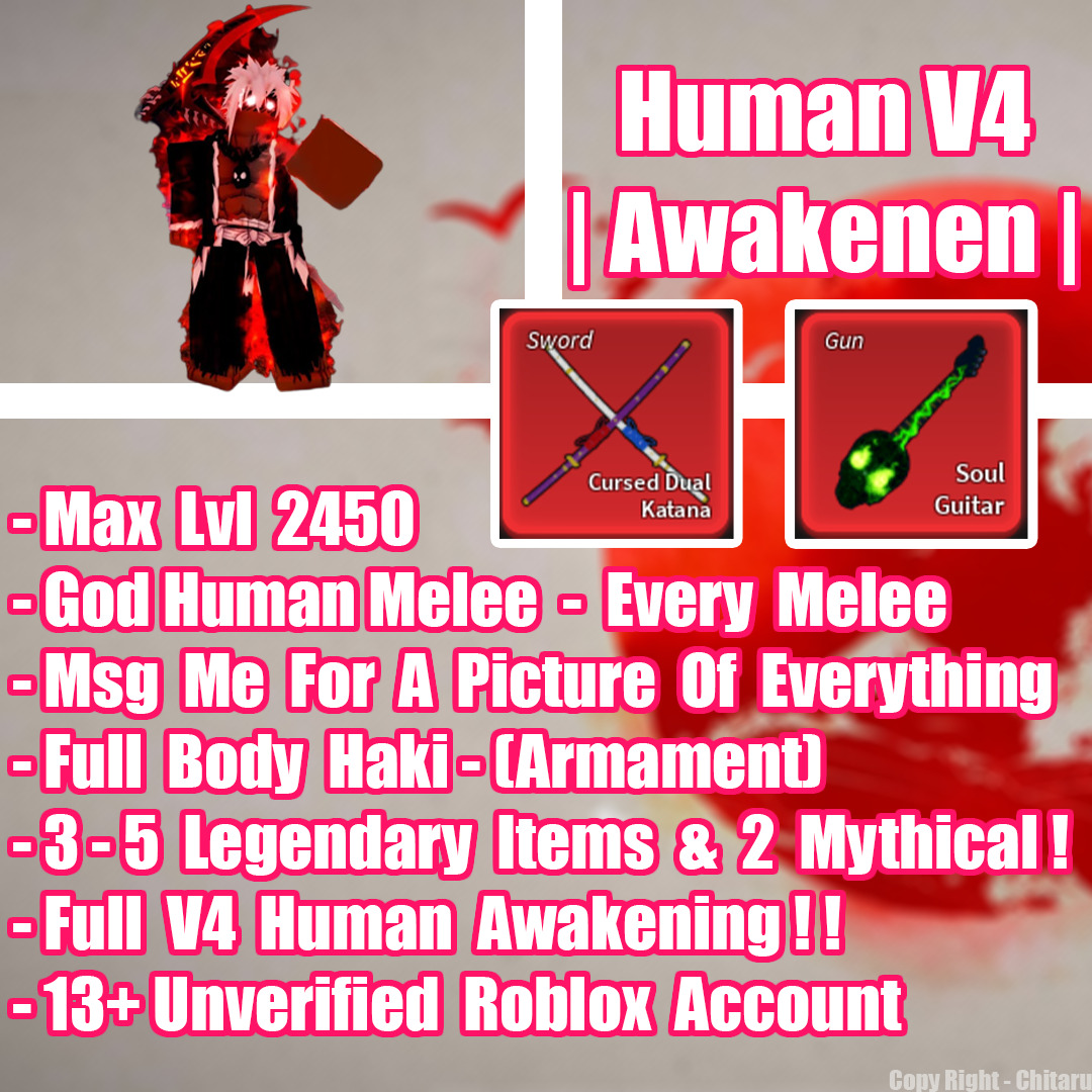 Blox Fruit Account Lv:2450Max, V3 Human Awaken Dough, GodHuman, Hallow  scythe, Soul Guitar, Unverified Account