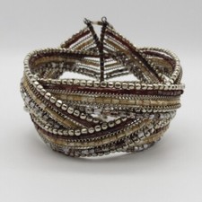 Seed Bead Cuff Bracelet Brown Beige Braided Boho Ethnic Statement 6.75"