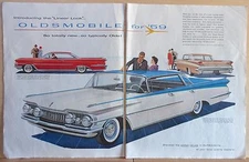 1958 two page magazine ad for Oldsmobile - the Linear Look, '59 Holiday models