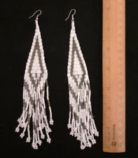 Black and White Handmade Beaded 6" Long Earrings Pierced Ears