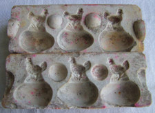 Antike Tragant-Marzipan Mehrfach Model Huhn auf Ei,Ostern,um 1900,17,6x6,6x7,8cm