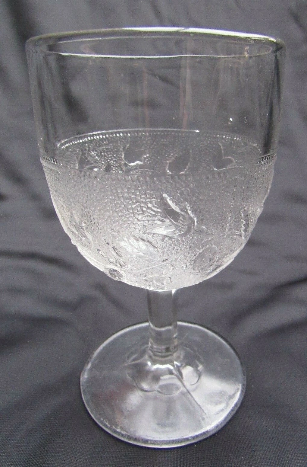 1870s Pattern Glass Boston Sandwich Stippled Fushia Water Goblet Scallop Foot