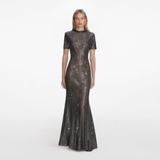 Self Portrait GUNMETAL RHINESTONE MESH MAXI DRESS 1060 Size US 8 UK 12