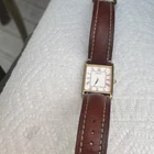 Vintage Seiko Quartz Slim Tank Roman White Dial Brown Leather Band Wrist Watch