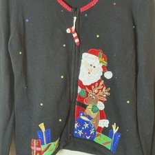 Tiara International Christmas Collection Sweater Santa Reindeer Gifts Black L