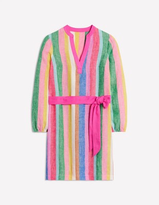 BNWT BODEN Cleo Linen Tie Waist Dress Sz 18 R Bright Rainbow Stripe | eBay