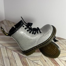 Girls Dr Martens Metallic Gray Silver Black Combat Lace Up Boots Size 7C