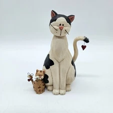 Blossom Bucket 2008 Suzi Skoglund Cat & Kitten Figurine Black & White Taby Heart