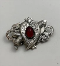 1980's Victorian Revival Silver Tone with Red Stone Ornate Heart Brooch Pin