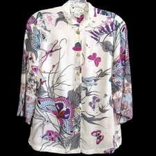 Citron Santa Monica Silk Blouse Top Butterfly Floral PXS Button Up Art to Wear